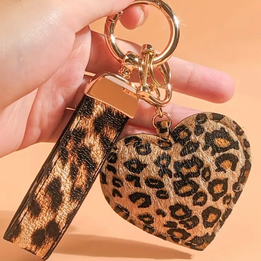 Leopard Print Heart Keychain with Gold Accents